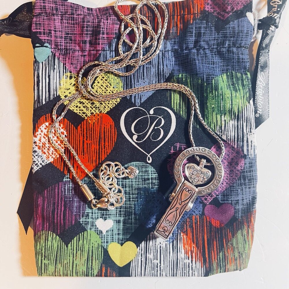 Brighton Badge Clip Necklace Lanyard Silver Plate Floating Heart Scroll Design